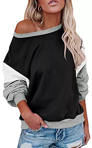 Imuedaen Langarmshirts Sweatshirt Damen Rundhals Pullover Fledermausärmel Farbblock Oberteile Tops Freizeit Langarmshirt Lose T-Shirt Bluse