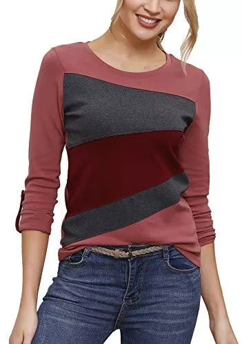 DOTIN Langarmshirts DOTIN Damen Langarmshirt Rundhals Farbblock Langarm Oberteile Casual T-Shirt Pullover Elegant Bluse Tops