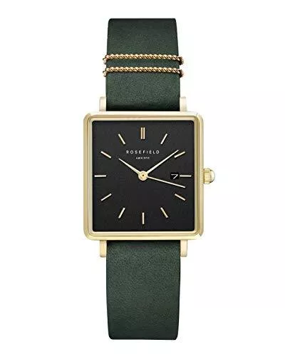 Rosefield Uhren Rosefield Damenuhren The Boxy Gold Eckiges Gehäue - Schwarzes Zifferblatt &amp; Waldgrünes Band QBFGG-Q031