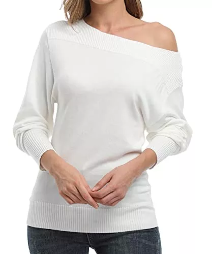 Dilgul Pullover & Strickmode Dilgul Damen Elegant Off Shoulder Pullover Rundhalsausschnitt Fledermausärmel Langarm Loose Schulterfrei Strick Oberteile