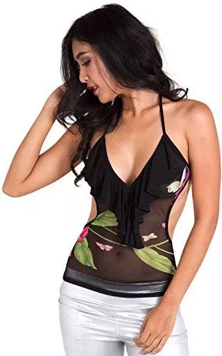 clubwearguru Tops clubwearguru® Damen Neckholder Spaghettiträger Spitze Clubwear Top mit Rüschen