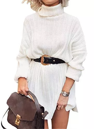 Hormtaer Freizeit Hormtaer Damen Pulloverkleid Winter Rollkragen Elegant Strickkleid Casual Langarm Pullover Einfarbig Pullikleid Minikleid