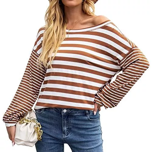Hiistandd Langarmshirts Hiistandd Damen Langarm Tops Rundhals Shirt Gestreiftes Langarmshirt Tunika Pullover