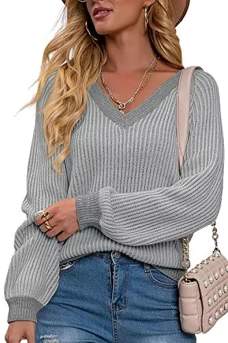Kapoohott Pullover & Strickmode Kapoohott Damen Strickpullover V Ausschnitt Pullover Casual Langarmshirts Lässiger Pulli Sweatshirt