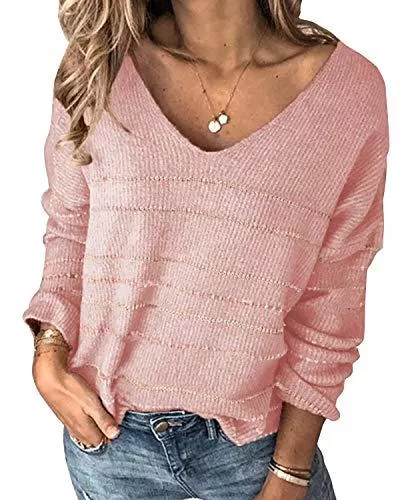 Imuedaen Pullover & Strickmode Imuedaen Pullover Damen Casual V-Ausschnitt Strickpullover Langarm Gestreiften Pulli Sweater Oberteile