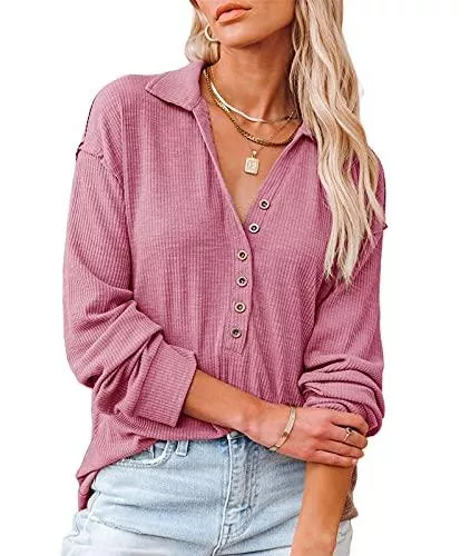CHARMW Langarmblusen CHARMW Bluse Damen V-Ausschnitt Pullover Blusen Lose Tunika Langarmshirts Mit Knopfleiste Tops Oversized Jumper Blouse S-XXL