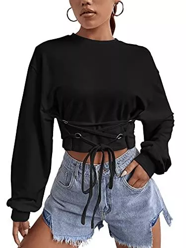 DIDK Pullover & Strickmode DIDK Damen Crop Pullover Sweatshirt Langarm Oberteil Crop Top Bauchfrei Langarmshirts Herbst Pulli mit Bandage vorne