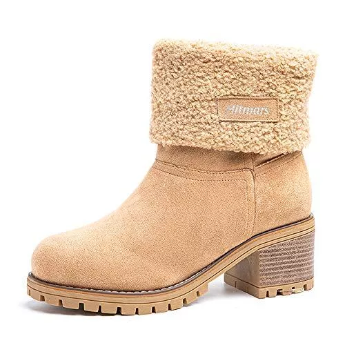 Hitmars Stiefel Winterstiefel Damen Kurzschaft Stiefel Mit Absatz 6CM Stiefeletten Warme Gefüttert Schlüpfen Winterboots Frauen Boots Wildleder Elegant Schwarz Braun Gelb Rot EU 35-43