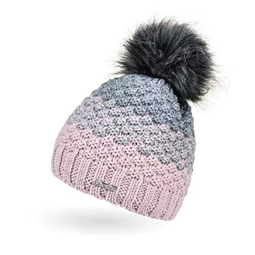 Neverless Hüte & Mützen Neverless® Damen Strick-Mütze gefüttert Fleece-Innenfutter Fell-Bommel Kunstfell Winter-Mütze Bommelmütze Grobstrick Mehrfarbig