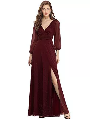 Ever-Pretty Abendkleider Ever-Pretty Damen Lange Ärmel V-Ausschnitt A-Linie Hohe Taille Lang Festlich Dekolletiert Abendkleider 00739