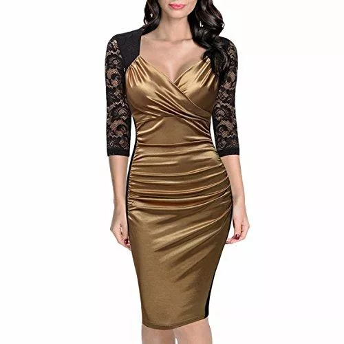 Samtree Cocktail Samtree Damen V-Ausschnitt 3/4 Ärmel Spitze Floral Cocktail Party Work Rüschen Etuikleid