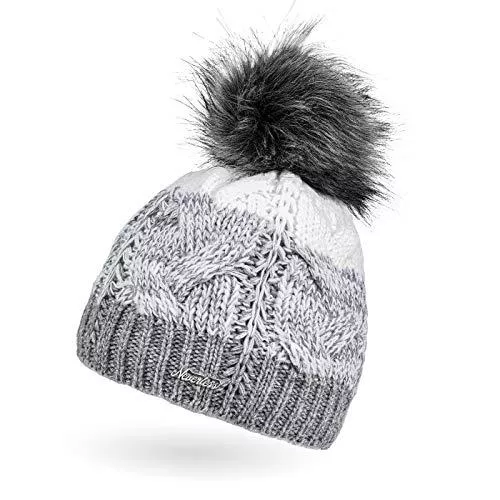 Neverless Hüte & Mützen Neverless® Damen Strick-Mütze gefüttert Fleece-Innenfutter Fell-Bommel Kunstfell Winter-Mütze Bommelmütze Zopfmuster Mehrfarbig