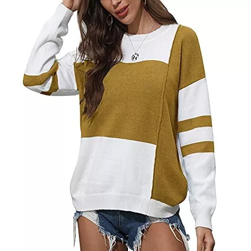 Hormtaer Pullover & Strickmode Hormtaer Pullover Damen Winter Pulli Casual Rundhals Strickpullover Colorblock Langarm Oberteile Sweatshirts