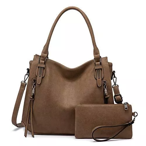 Realer Taschen & Rucksäcke Realer Damen Handtaschen Groß Shopper Lederhandtasche Schultertasche Umhängetasche Geldbörse Hobo Damen Taschen Set 2pcs Gelbbraun