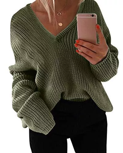 Style Dome Pullover & Strickmode Style Dome Damen Strickpullover V-Ausschnitt Langarm Sweater Stricken Pullover Loose Oversize Jumper