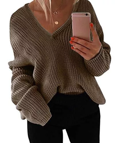 Style Dome Pullover & Strickmode Style Dome Damen Strickpullover V-Ausschnitt Langarm Sweater Stricken Pullover Loose Oversize Jumper