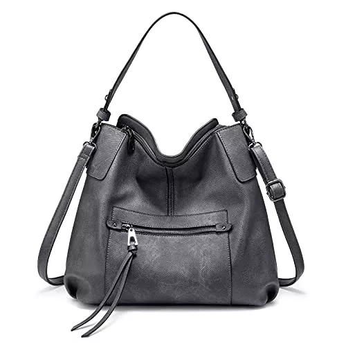 Realer Taschen & Rucksäcke Realer Handtasche Damen Shopper Leder Umhängetasche Mittel Schultertasche Frau Elegant Henkeltasche Hobo Taschen mit Abnehmbar Schulterriemen Grau