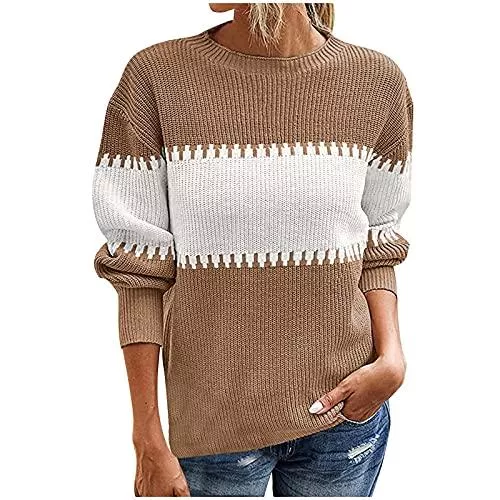 Dhyuen Pullover & Strickmode Dhyuen Damen Rundhalsausschnitt Strickpullover Casual Farbblock Patchwork Sweater Locker Lange Ärmel Pullover Tops Elegant Herbst Winter Sweatshirt Mode Komfortable Winterpullover