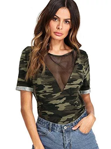 ROMWE Kurzarmblusen Romwe Damen Casual Sheer Mesh V-Ausschnitt Kurzarm Camo Print Tee Shirt Tops