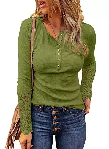 Uusollecy Langarmshirts Damen Langarmshirts Rundhals Basic Oberteile mit Spitze Sleeves Slim Fit Einfarbig T-Shirt Oberteile Tops mit Button