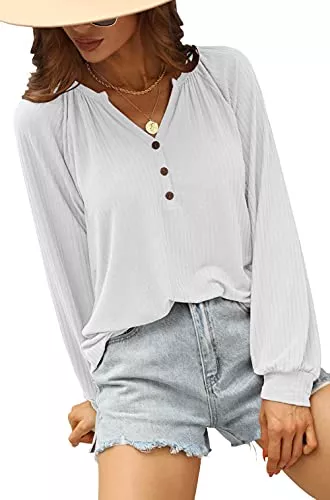Odosalii Langarmshirts Odosalii Langarmshirt Damen V-Ausschnitt Elegant Bluse Mit Knöpfen Sexy Oberteil Tunika Tops Hemd Shirts