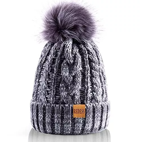 REDESS Hüte & Mützen REDESS Damen Winter Bommel Beanie Mütze mit warmem Fleece gefüttert, Dicker Slouchy Snow Knit Skull Ski Cap