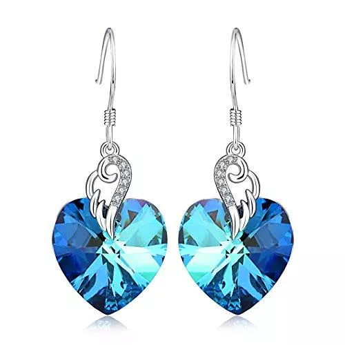 AOBOCO Schmuck Engelsflügel Ohrringe Damen Sterling Silber Liebes Herz Hängend Ohrringe mit Kristallen, Geburtstagsgeschenk für Frauen