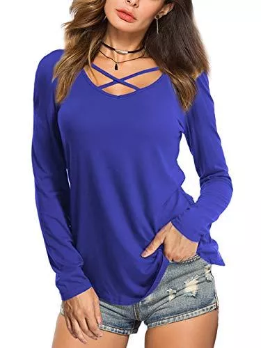 Beluring Langarmshirts Beluring Oberteile Damen Kurzarm/Langarm Tshirt V Ausschnitt Longshirt Criss Cross Bluse Tunika
