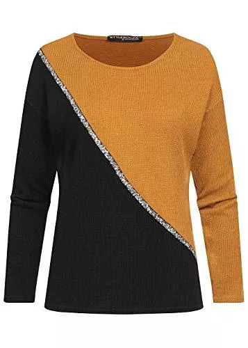 Styleboom Fashion® Pullover & Strickmode Styleboom Fashion® Damen Ribbed 2-Tone Pullover Pailletten senf gelb schwarz
