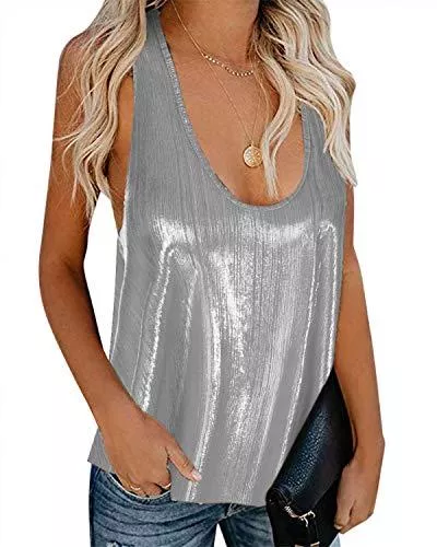 YOINS Ärmellose Blusen YOINS Ärmelloses Oberteil mit glitzernden Pailletten, V-Ausschnitt, sexy, lockere Weste, Camisole schimmernd, Party-Shirts