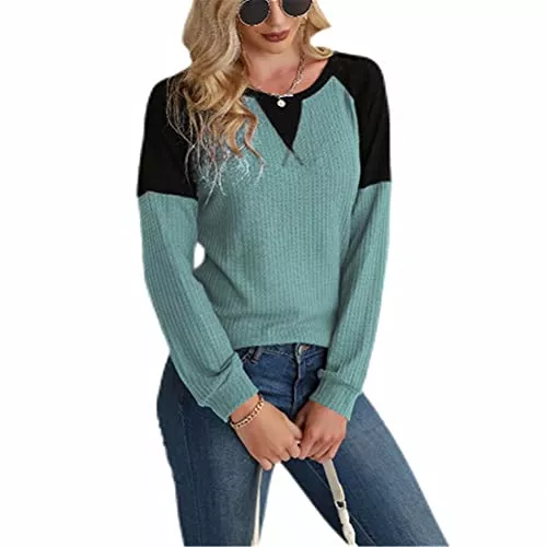 ZFQQ Pullover & Strickmode ZFQQ Herbst und Winter Damen Multicolor Waffel Pullover Rundhals-Nähte Langarm-Top