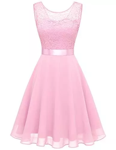 BeryLove Cocktail BeryLove Damen Spitzenkleid Brautjungfer Elegant Party Knielang Cocktailkleid Chiffon Ärmellos