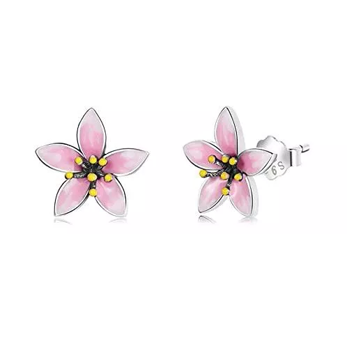 SUIER Schmuck Damenohrringe ,S925 Sterling Silber Frühling Kirschblüte Ohrringe Rosa Tropfen Öl Frische Blume Grünes Blatt Ohrringe Ohrringe