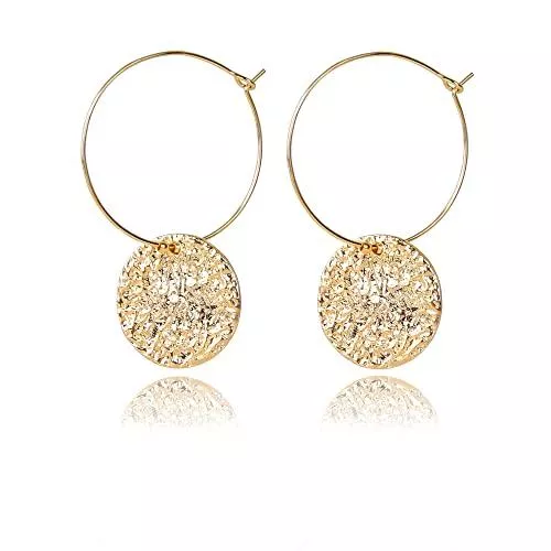 TEZCRT Schmuck Creolen Damen Ohrringe Sterling 14 Karat Goldfüllung mit Runder Plättchen Anhänger, Hypoallergen Große Huggies Creolen, Durchmesser 30mm Ohrringe, Gold