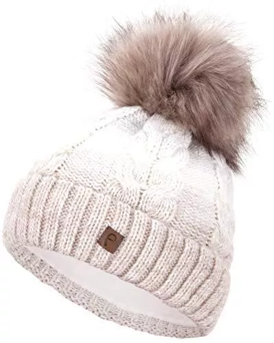 Faera Hüte & Mützen Faera Wintermütze warm gefüttert mit Kunstfell Bommel-Mütze Fleece-Futter Winter Strick-Mütze Beanie-Mütze Damen Herren One-Size