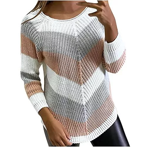 AllinKlei Pullover & Strickmode Pullover Damen Pulli Casual klassisch Langarmshirt mit V-Ausschnitt Elegant Strickpullover Mode Streifen Spleißen Oberteile Vintage Sweatshirts Tunika Lockere Oberteile Jumper Tops für Herbst Winter