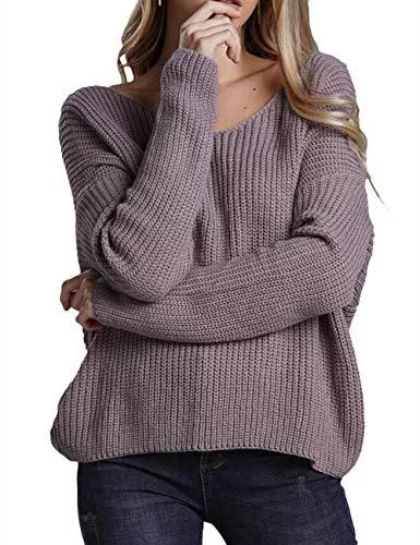 HAHAEMMA Pullover & Strickmode Damen Winter Frühling Sexy Casual V-Ausschnitt Pullover Loose Rückenfrei Fledermaus Batwing Rücken Kreuz Lange Ärmel Sweater Stricken Pullover