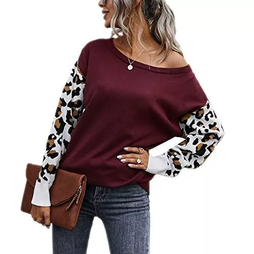 Geagodelia Pullover & Strickmode Geagodelia Oversize Pullover Damen Langer Pulli Frauen Sexy Strickpullover Oberteil Top Leopard Langarm Rundhals Herbst Winter F-59018