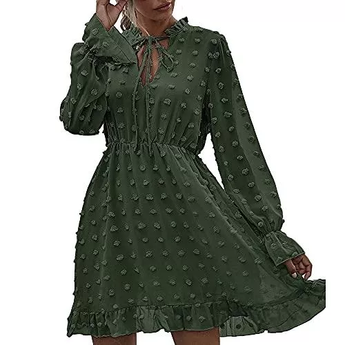 Pearl Angeli Freizeit Pearl Angeli Minikleid Damen Rüschen Punkte Langarm Chiffon Kleid Knielang Swing Partykleid