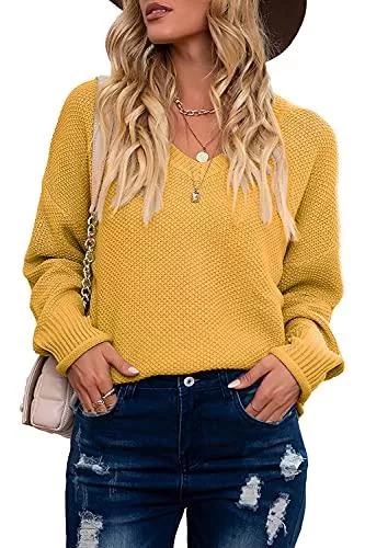 Yisunf Pullover & Strickmode Yisunf Damen-Pullover, langärmelig, gestrickt, einfarbig, lockerer V-Ausschnitt, Fledermausärmel, lässige Bluse