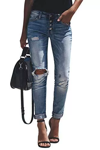 YIIYIDATON Jeans YIIYIDATON Jeans Damen Boyfriend Jeans mit Löchern Destroyed Jeanshosen Skinny Slim Fit Lässige Strecken Röhrenjeans Schlank Stylische Jeans Zerrissene Hose