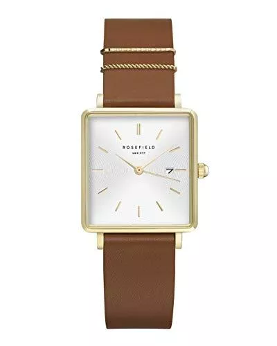 Rosefield Uhren Rosefield Damenuhr The Boxy Gold Eckiges Gehäuse - Weißes Zifferblatt &amp; Cognac Band QSCG-Q029