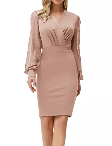 GRACE KARIN Cocktail GRACE KARIN Damen Bodycon Kleid elegant Tüll Langarm V-Ausschnitt Swiss Dot Hips-Wrapped Kleid CLE2815