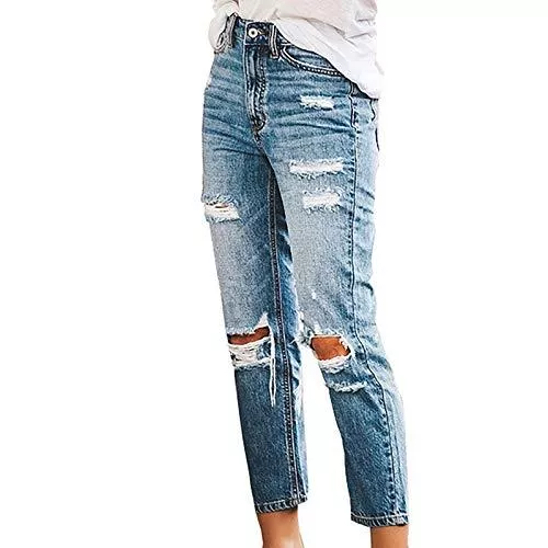 Wilp Jeans Damen Skinny Stretch Jeanshosen Schick Zerrissene Destroyed mit Löchern Jeans High Waist Boyfriend Hose Kurzhose Slim Fit Röhrenjeans Casual Basic Rissen Löcher Ankle Jeanshosen