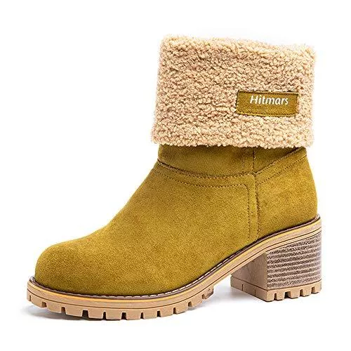 Hitmars Stiefel Winterstiefel Damen Kurzschaft Stiefel Mit Absatz 6CM Stiefeletten Warme Gefüttert Schlüpfen Winterboots Frauen Boots Wildleder Elegant Schwarz Braun Gelb Rot EU 35-43