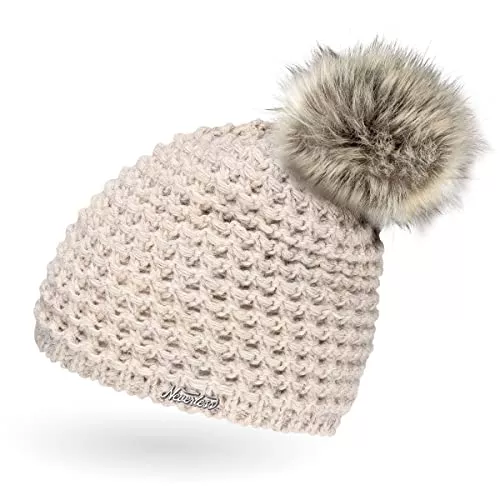 Neverless Hüte & Mützen Neverless Damen Strickmütze mit Fell-Bommel und Fleece gefüttert, Kunstfell, Winter-Mütze, Bommelmütze