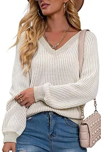 Kapoohott Pullover & Strickmode Kapoohott Damen Strickpullover V Ausschnitt Pullover Casual Langarmshirts Lässiger Pulli Sweatshirt