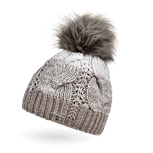 Neverless Hüte & Mützen Neverless® Damen Strick-Mütze gefüttert Fleece-Innenfutter Fell-Bommel Kunstfell Winter-Mütze Bommelmütze Zopfmuster Mehrfarbig