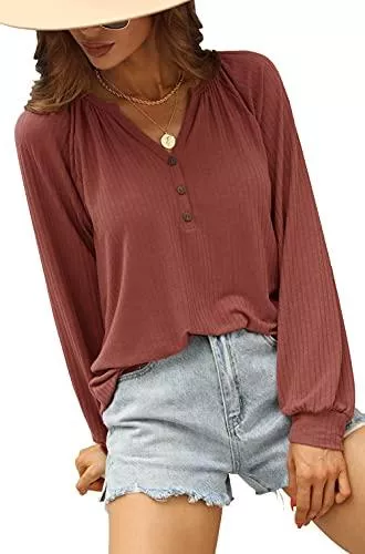 Odosalii Langarmshirts Odosalii Langarmshirt Damen V-Ausschnitt Elegant Bluse Mit Knöpfen Sexy Oberteil Tunika Tops Hemd Shirts