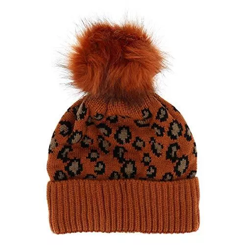 moonbow Hüte & Mützen moonbow Mütze Damen Leopardenmuster - Warme und Dicke Wintermütze Leopard mit Bommel gleiche Farbe - 100% Acryl Beanie - Trendiges und Originales Tierdruck Strickmütze - Einheitsgröße